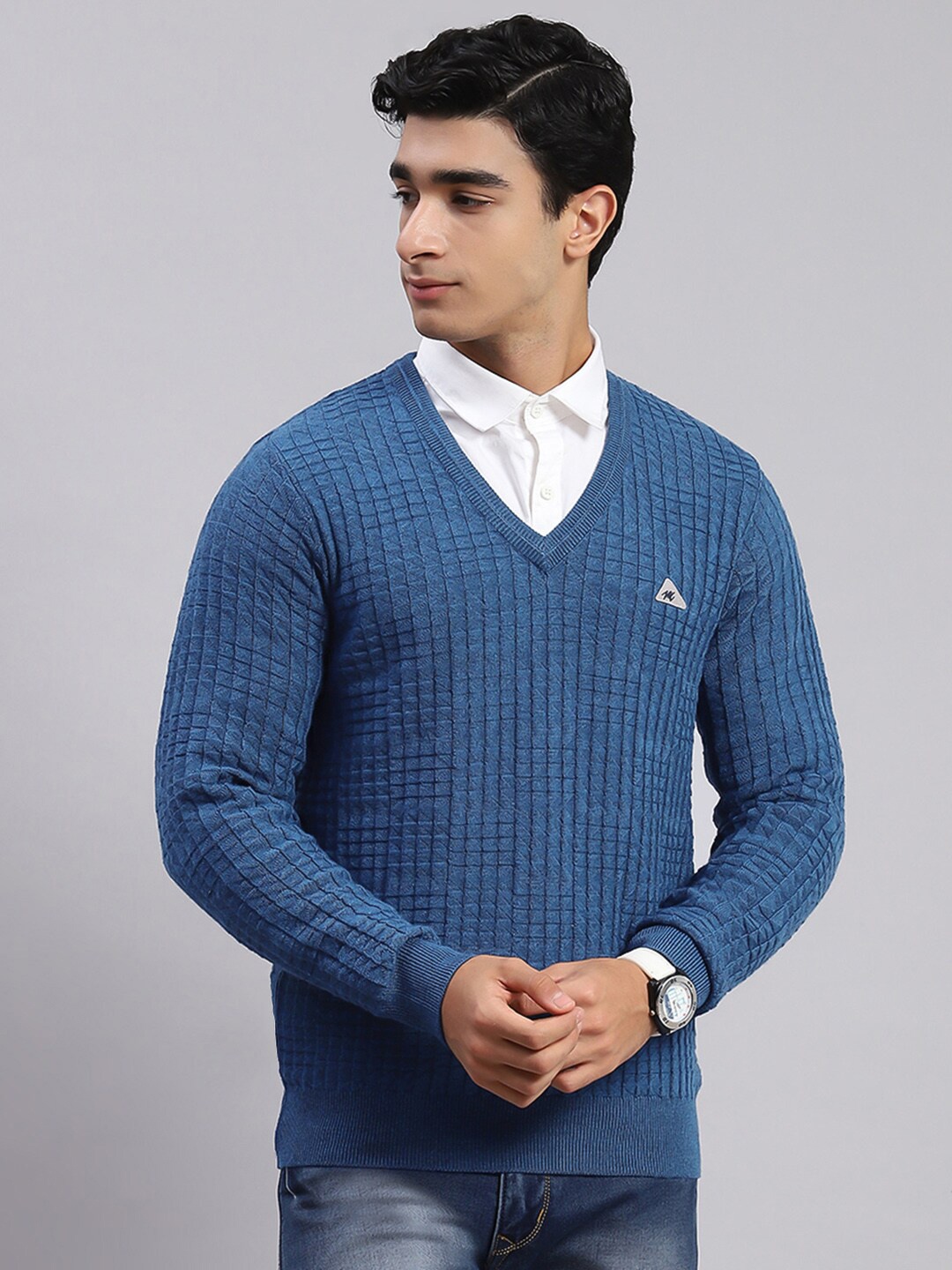 

Monte Carlo Cable Knit Self Design V-Neck Woollen Pullover Sweater, Navy blue