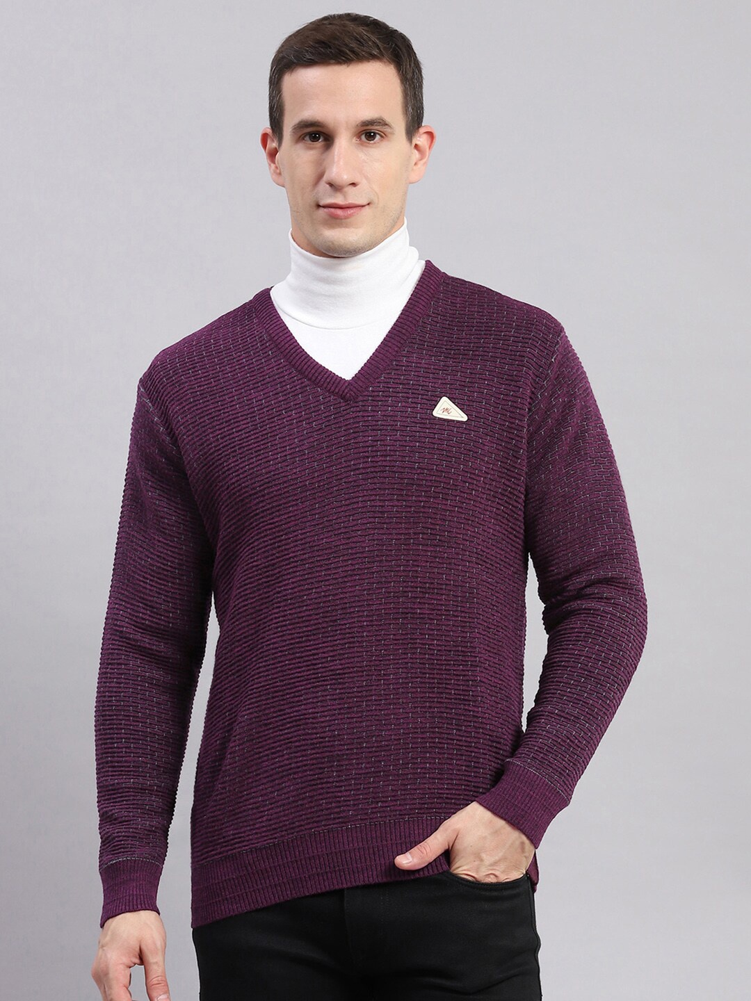 

Monte Carlo Cable Knit Self Design V-Neck Pullover Sweater, Purple