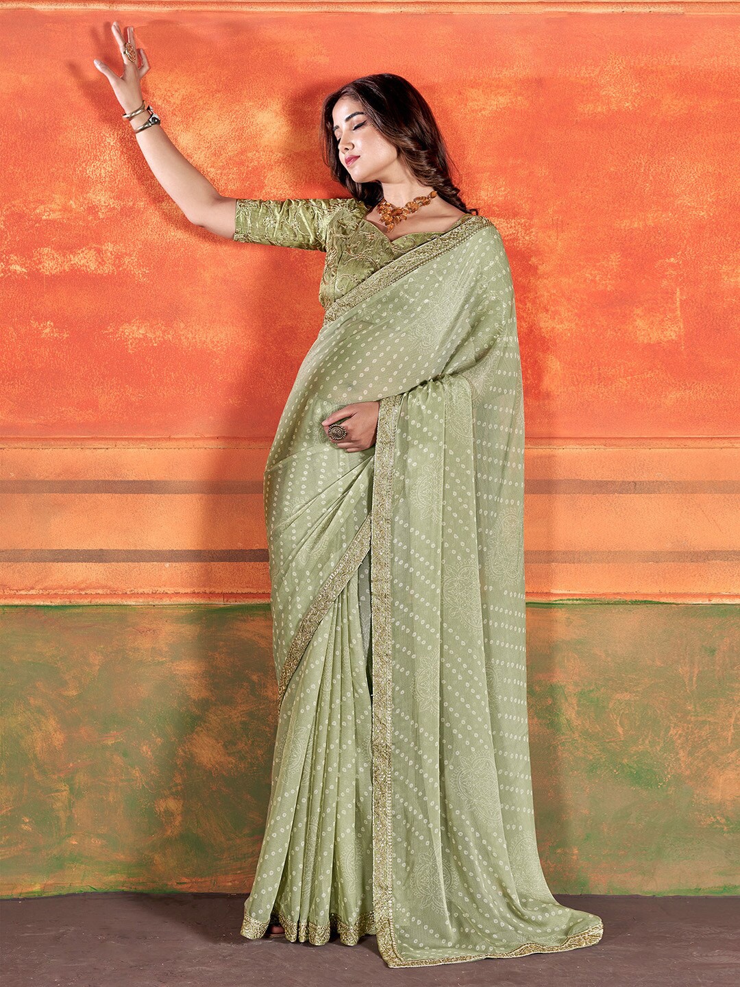 Saree mall Bandhani Embroidered Pure Chiffon Bandhani Sarees, Olive