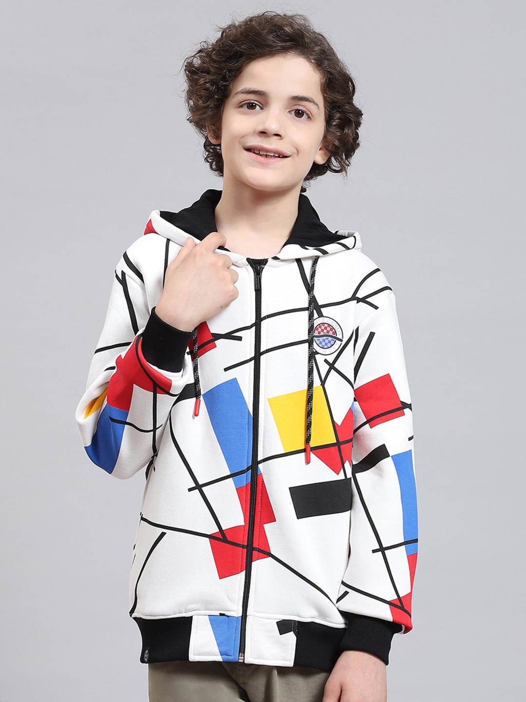 

Monte Carlo Boys Abstract Printed Hooded Front-Open Sweatshirt, Off white