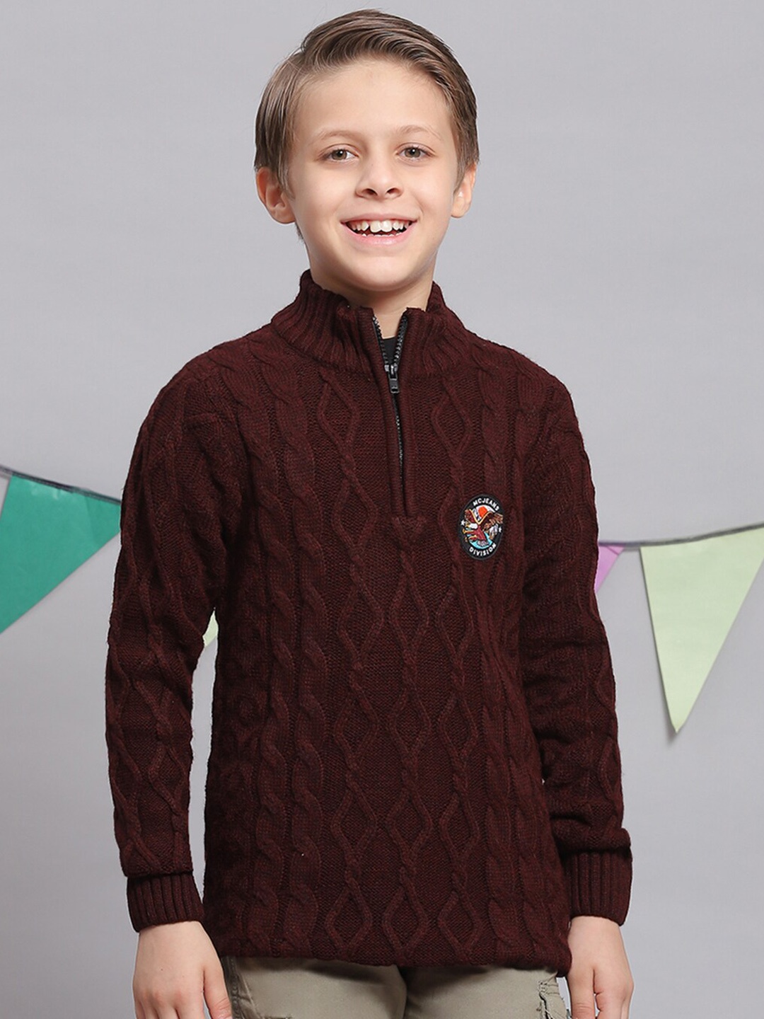 

Monte Carlo Boys Cable Knit Self Designed Mock Collar Pure Acrylic Pullover, Maroon