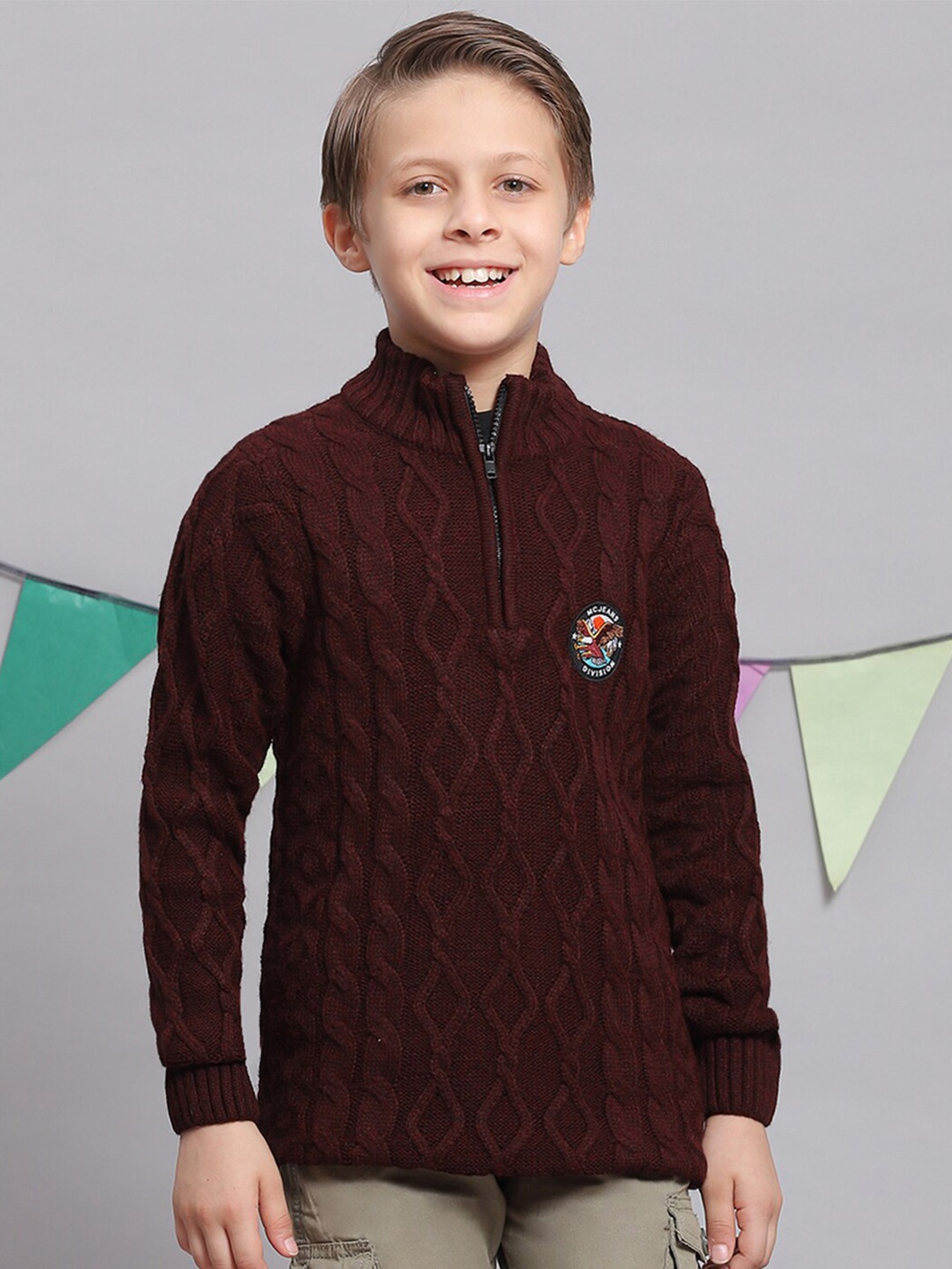 Monte Carlo Boys Cable Knit Mock Collar Acrylic Pullover, Maroon