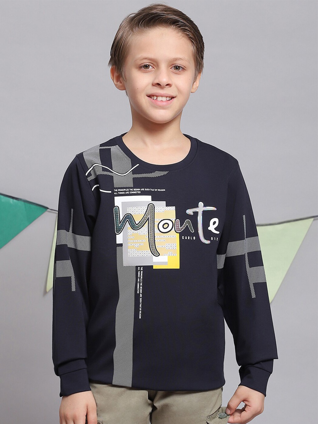Monte Carlo Boys Typography Printed Long Sleeves Cotton T-Shirt, Navy blue