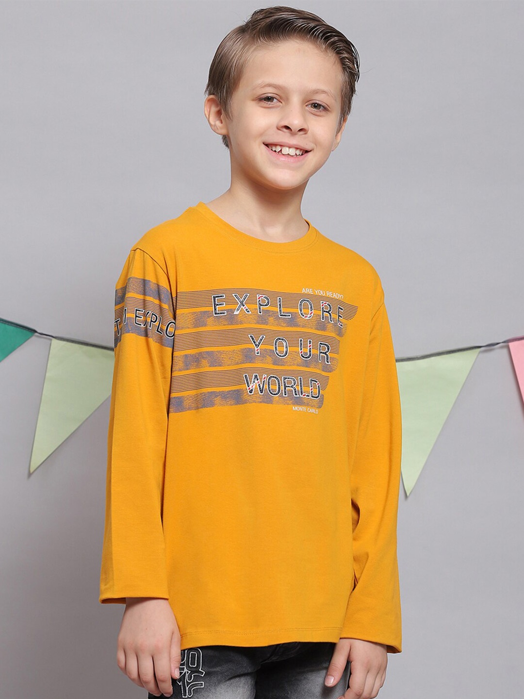 

Monte Carlo Boys Typography Printed Log Sleeves Pure Cotton T-Shirt, Mustard