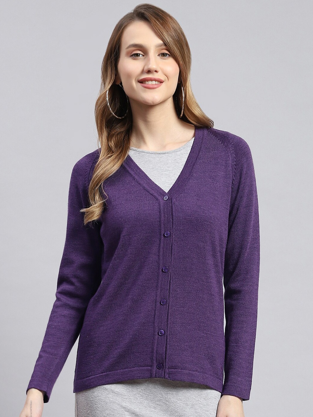Monte Carlo V-Neck Long Sleeves Wool Cardigan Sweater, Purple