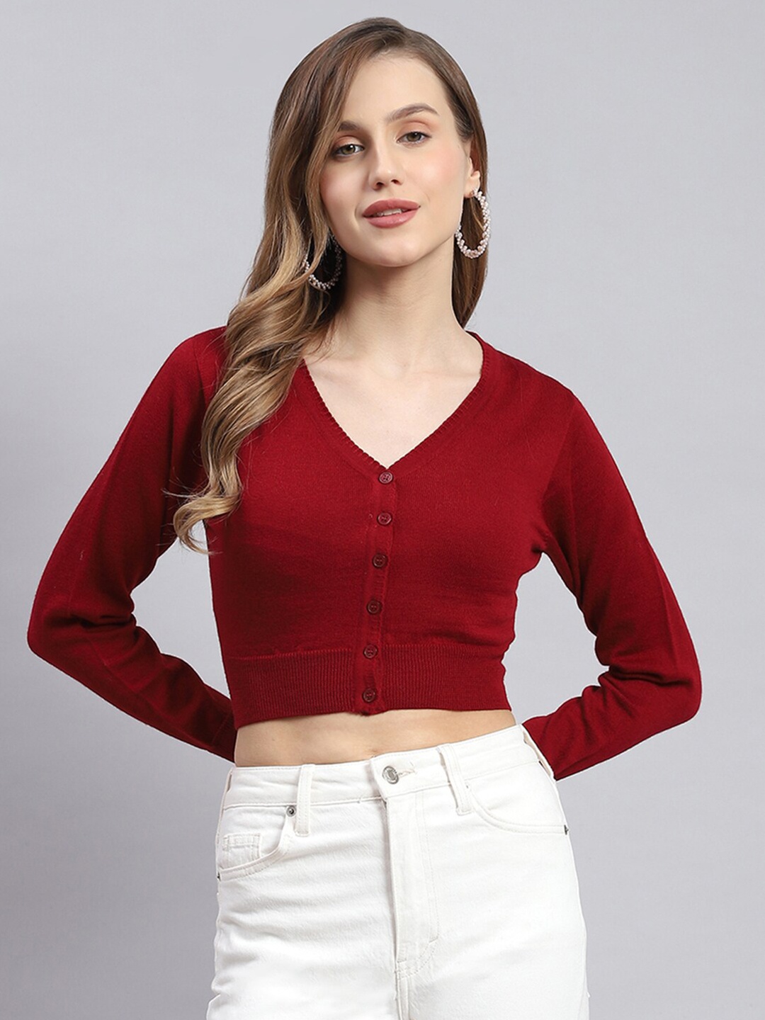 

Monte Carlo V-Neck Long Sleeves Pure Wool Crop Cardigan Sweater, Maroon