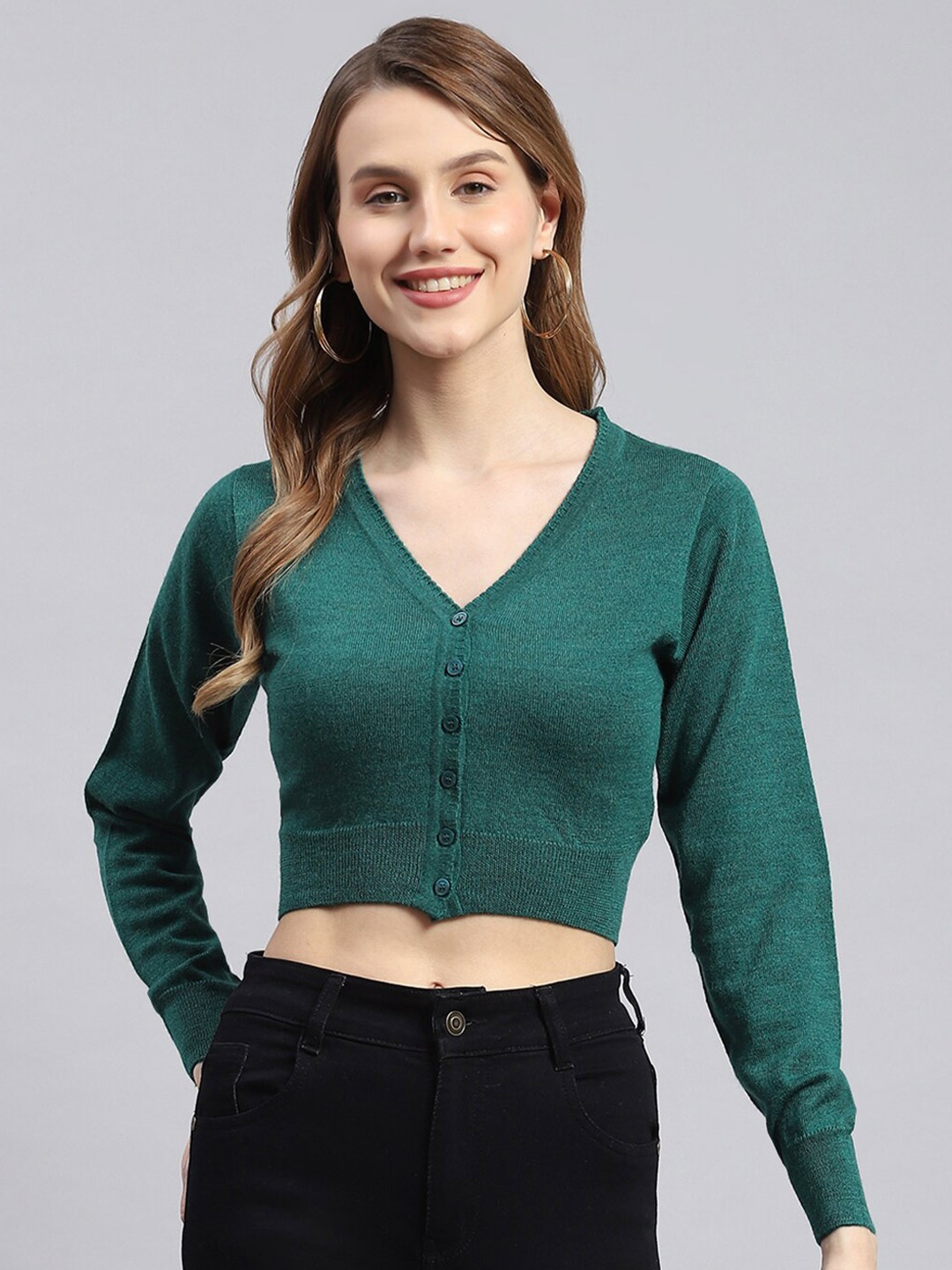 

Monte Carlo V-Neck Long Sleeves Pure Wool Crop Cardigan Sweater, Green