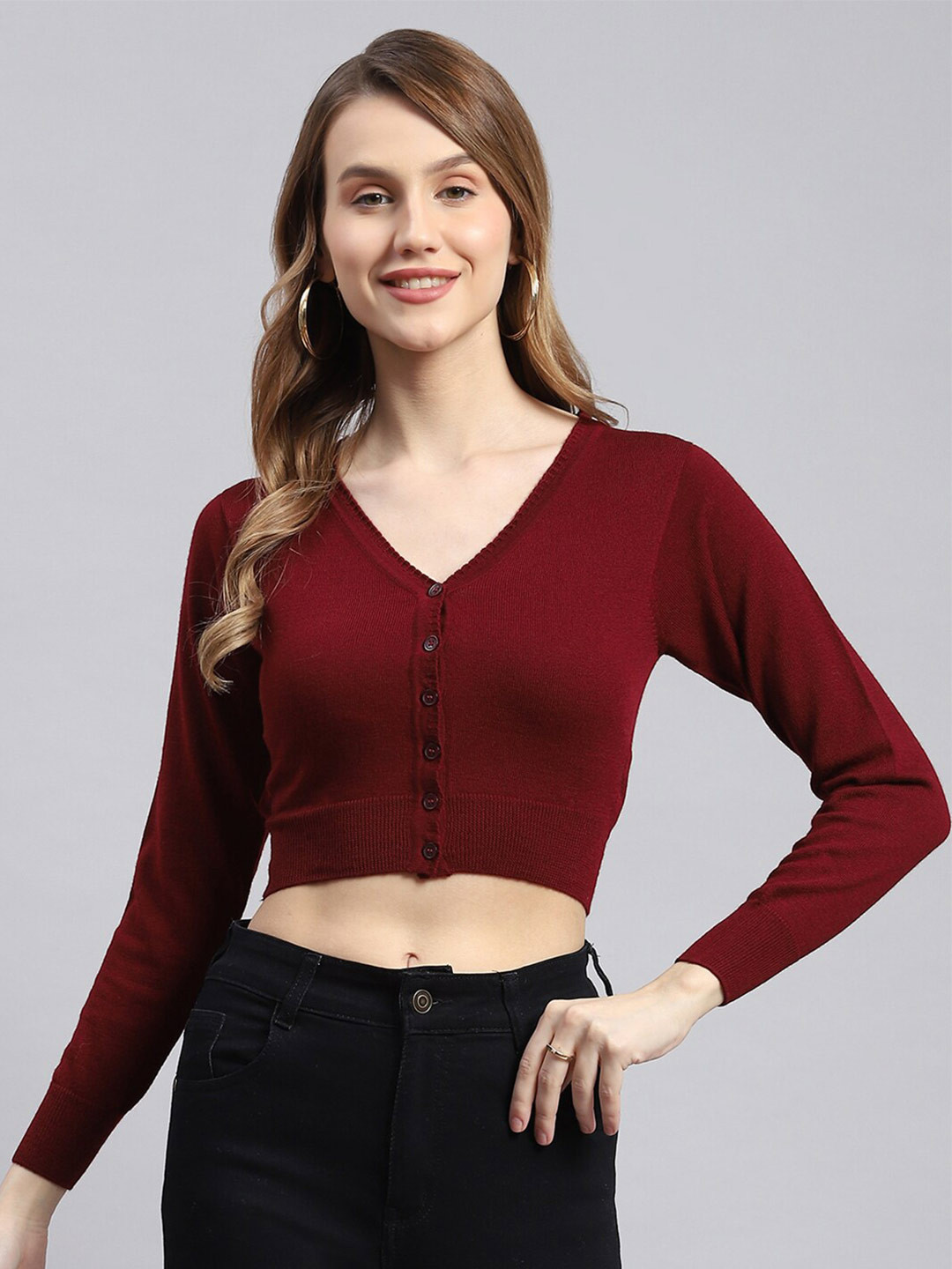 

Monte Carlo V-Neck Long Sleeves Pure Wool Crop Cardigan Sweater, Maroon
