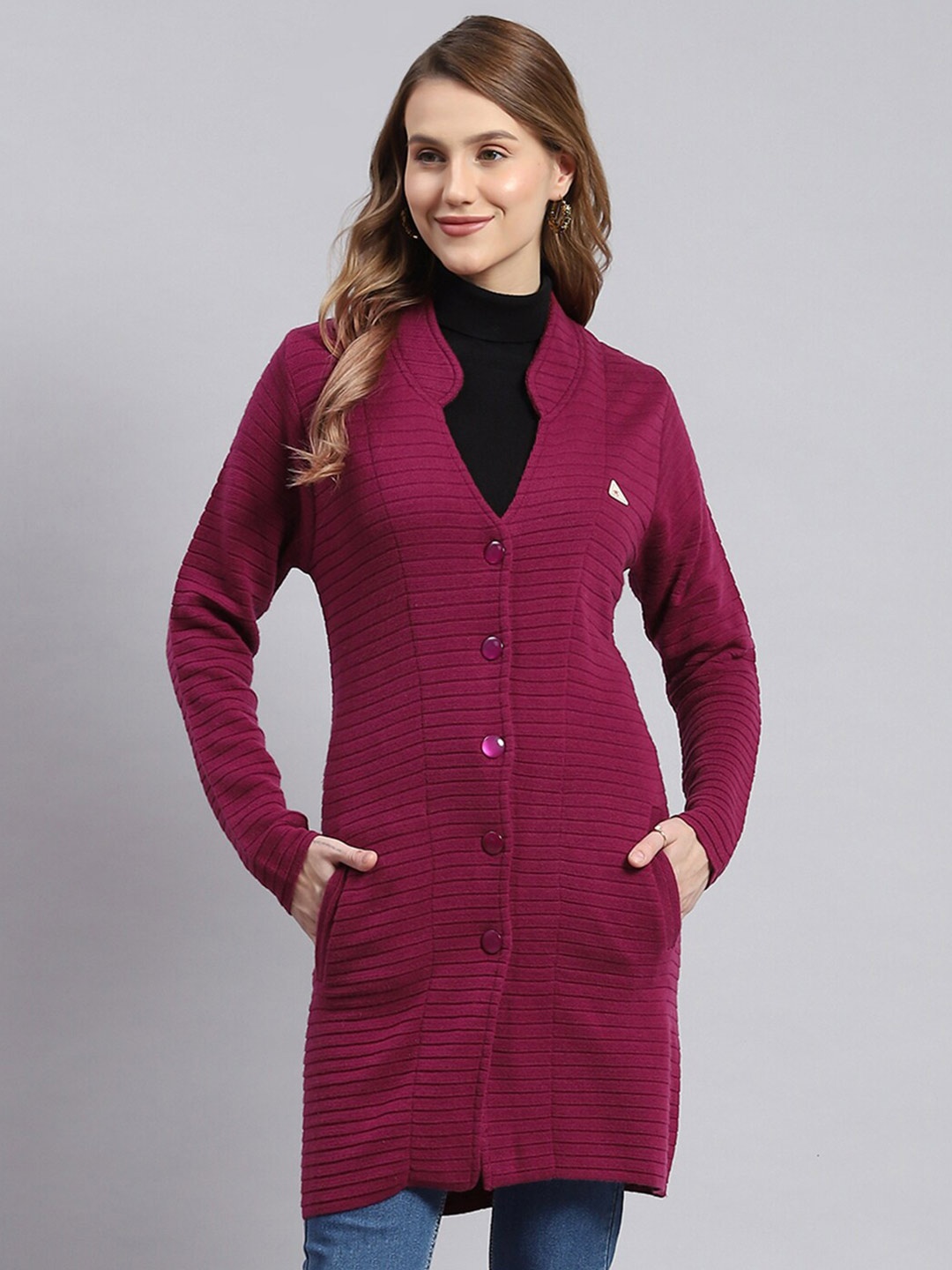 

Monte Carlo Ribbed Woollen Cardigan Sweater, Pink