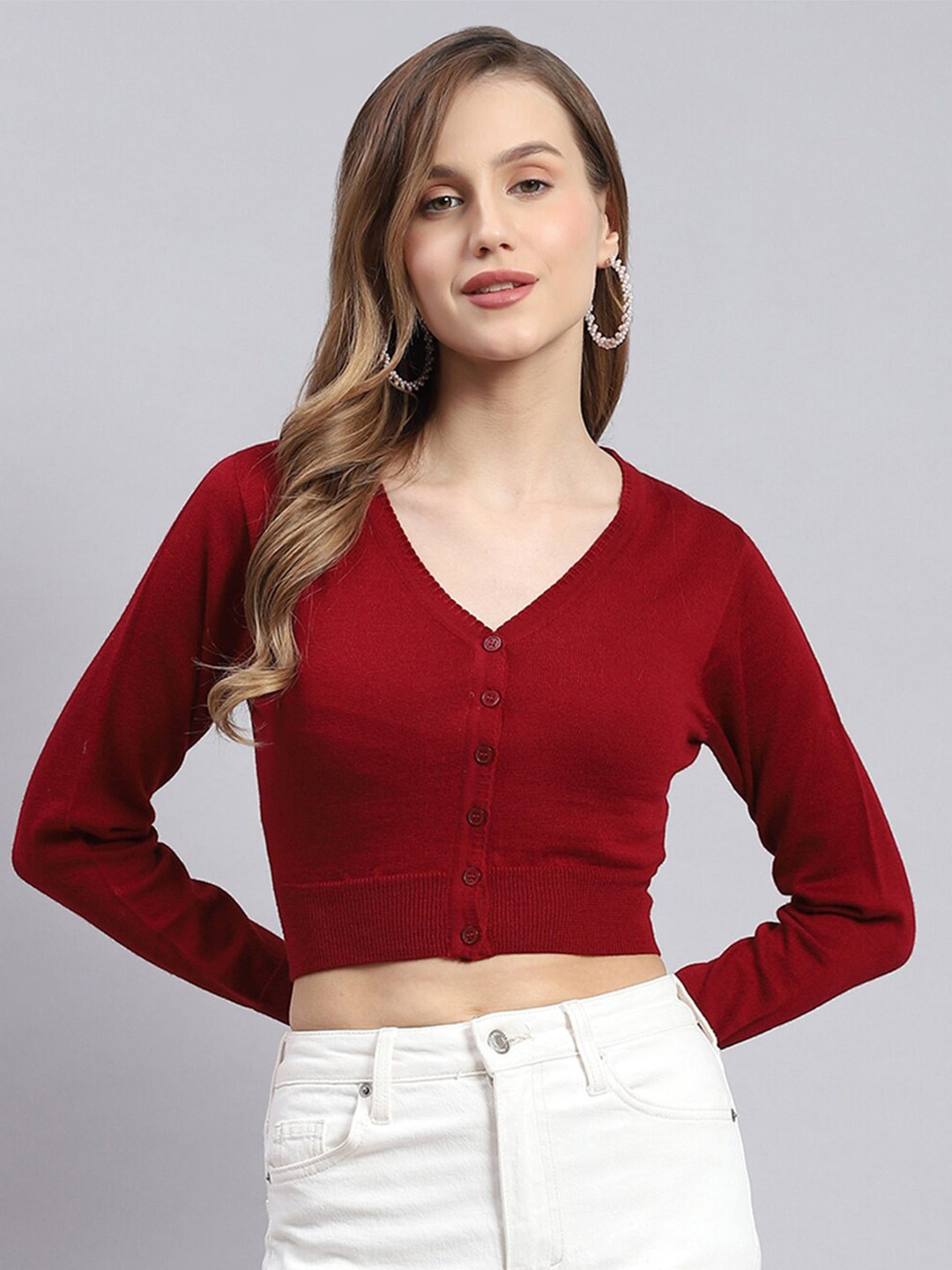 

Monte Carlo Woollen Crop Cardigan Sweater, Maroon