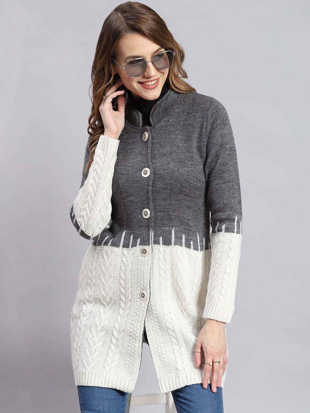 

Monte Carlo Self Design Wool Mandarin Collar Longline Princess Coat, Grey