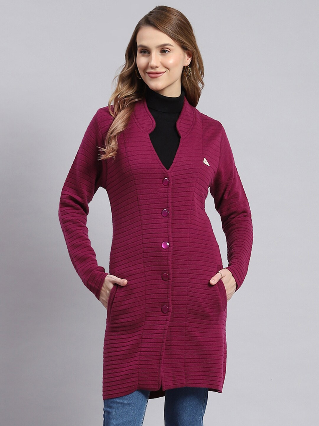 

Monte Carlo Self Design Mandarin Collar Woollen Longline Cardigan, Purple