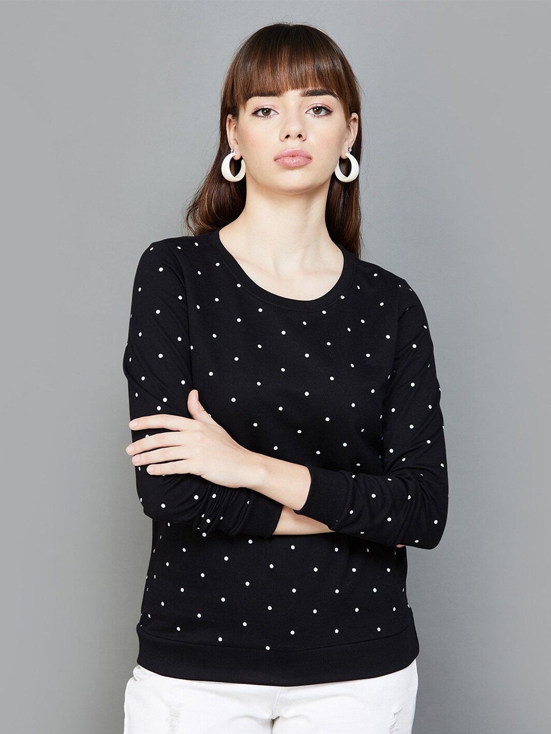 

Fame Forever by Lifestyle Polka Dot Printed Cotton Sweatshirt, Black