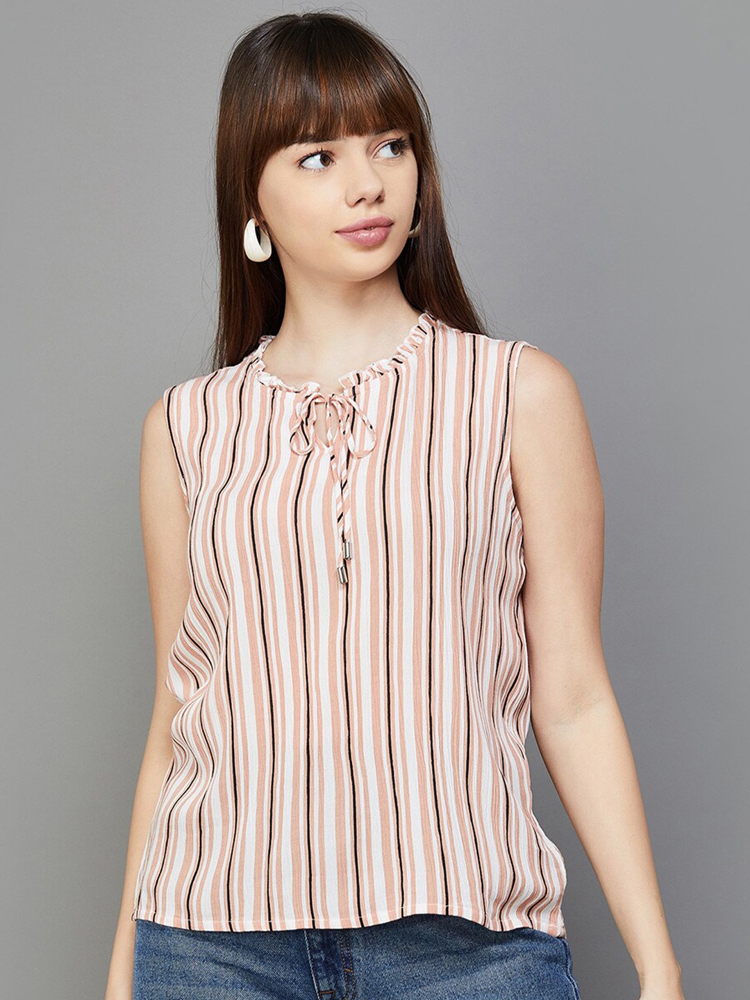 

Fame Forever by Lifestyle Striped Tie-Up Neck Top, Beige