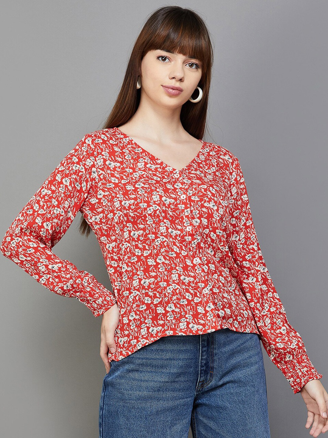 

Fame Forever by Lifestyle Floral Printed V-Neck Regular Top, Red