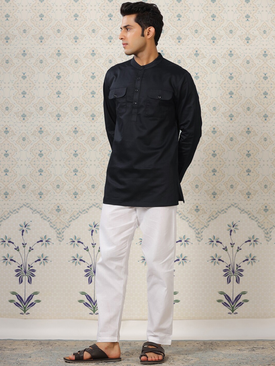 Ode by House of Pataudi Band Collar Pure Cotton Pathani Kurta, Black