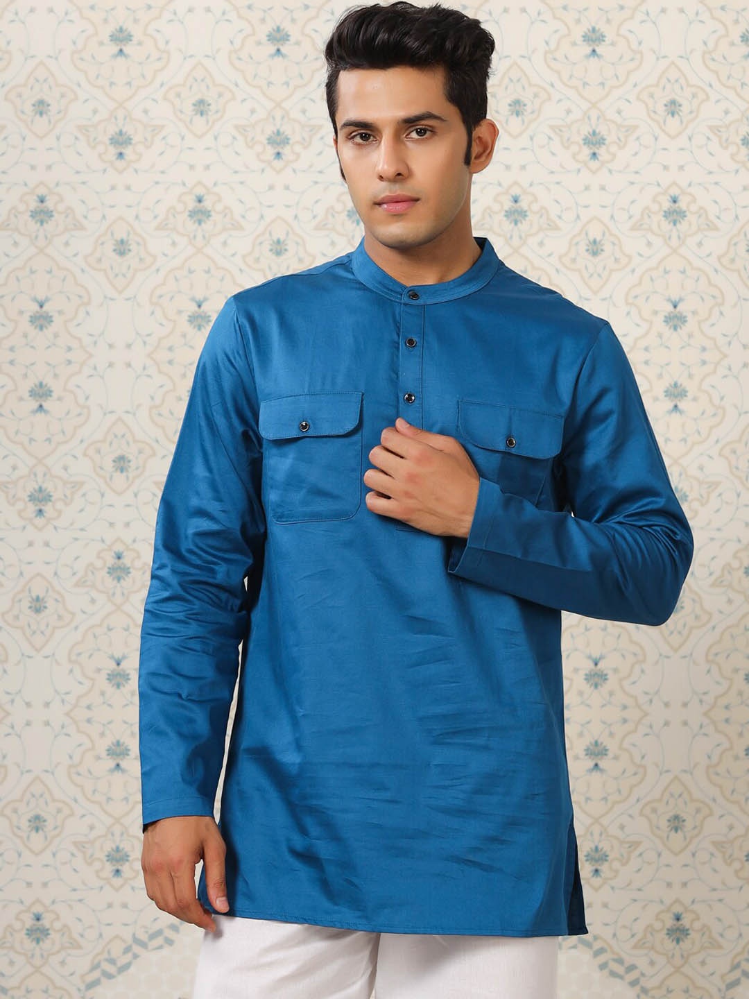 

Ode by House of Pataudi Mandarin Collar Pure Cotton Pathani Short Kurta, Blue