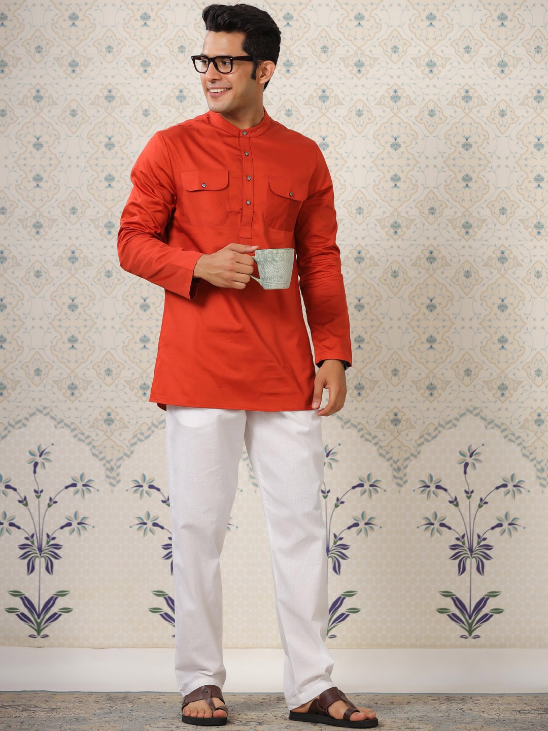 

Ode by House of Pataudi Band Collar Pure Cotton Pathani Kurta, Orange
