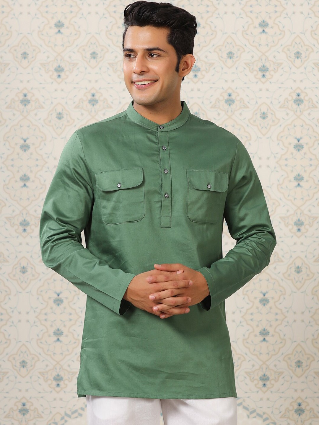 

Ode by House of Pataudi Band Collar Pure Cotton Pathani Kurta, Green