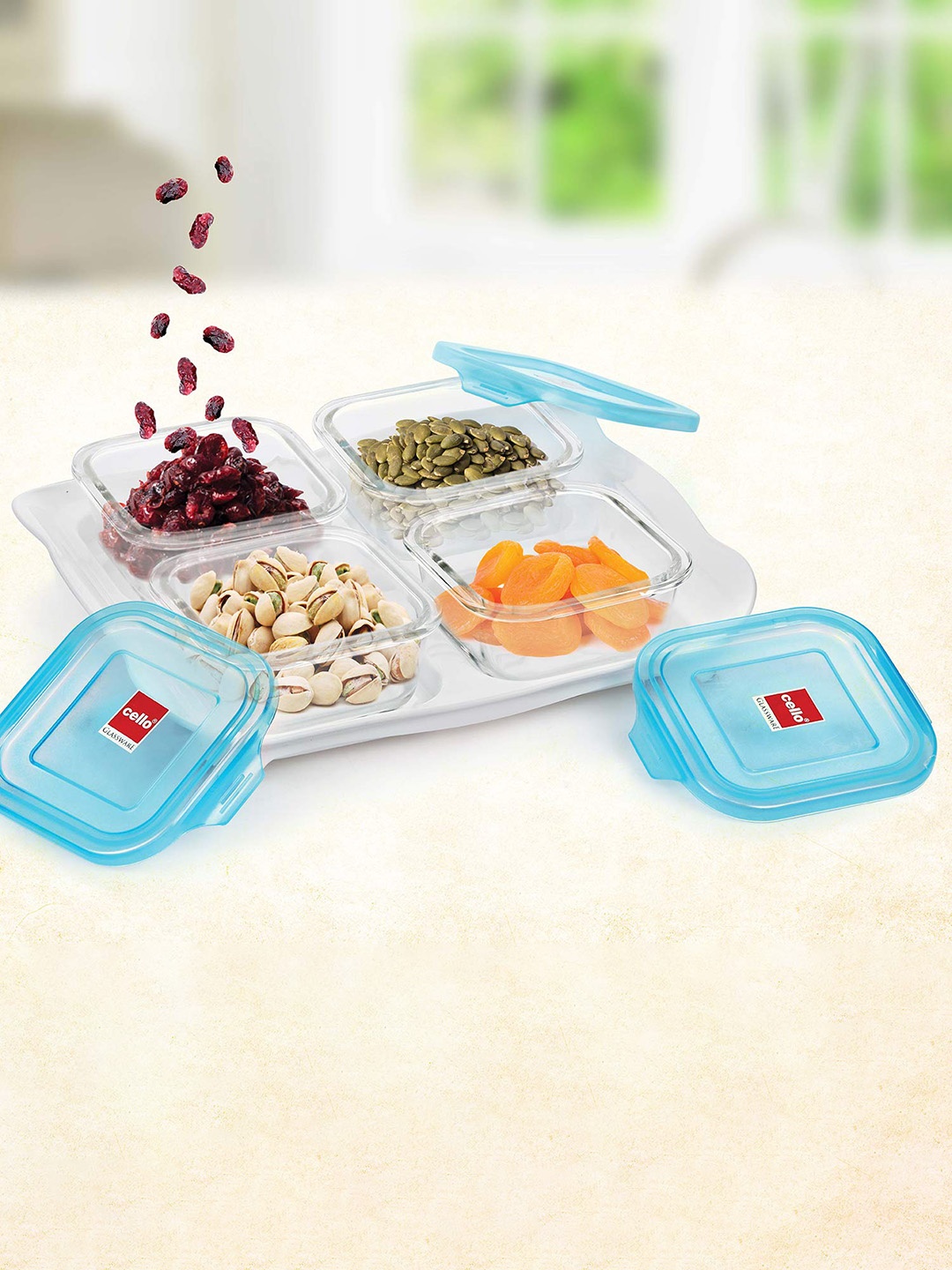 

Cello Artista 4 Pcs Transparent & Blue Glass Containers with Tray