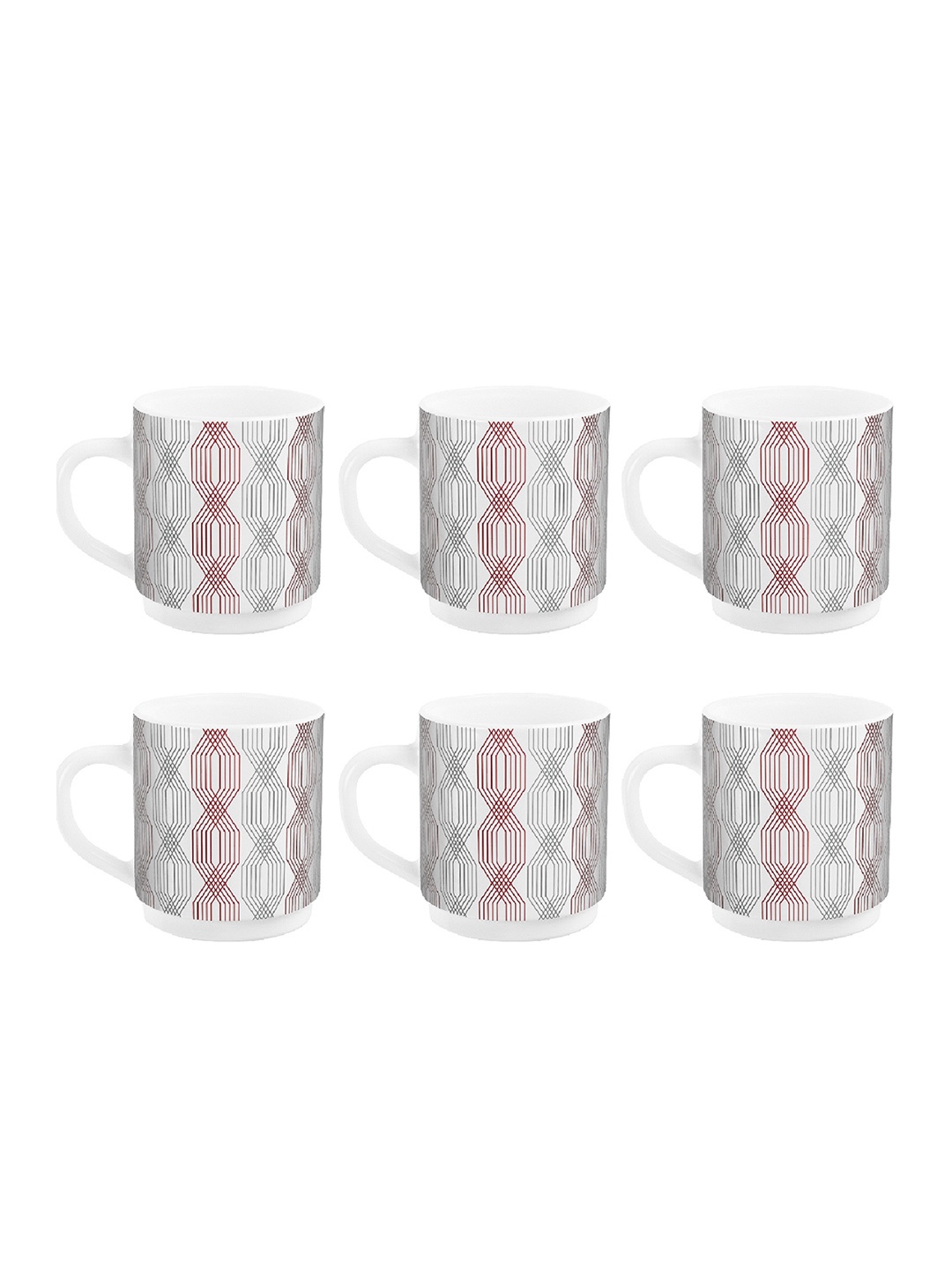 

Cello Roma 6 Pcs White & Red Geometric Printed Matte Mugs - 300 ML Each