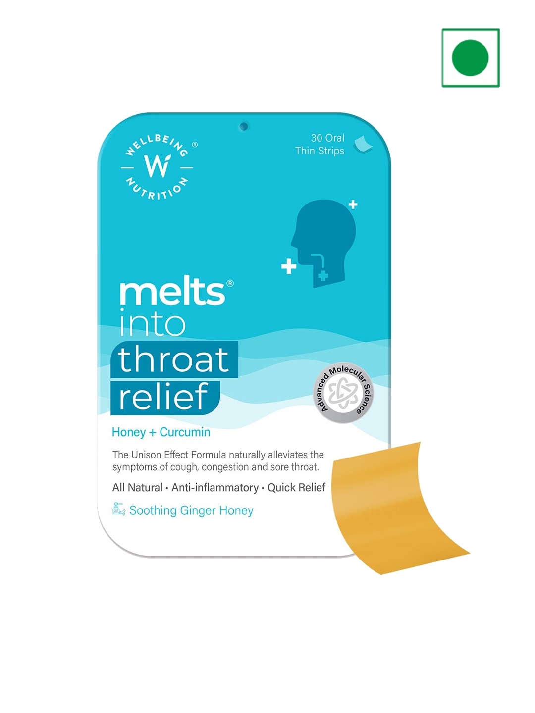 

Wellbeing Nutrition Melts Into Throat Relief Oral Strips - Ginger Honey - 30 Oral Strips, Blue