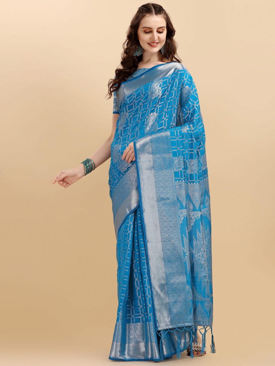 

ALAGINI Ethnic Motifs Woven Design Zari Banarasi Saree, Turquoise blue
