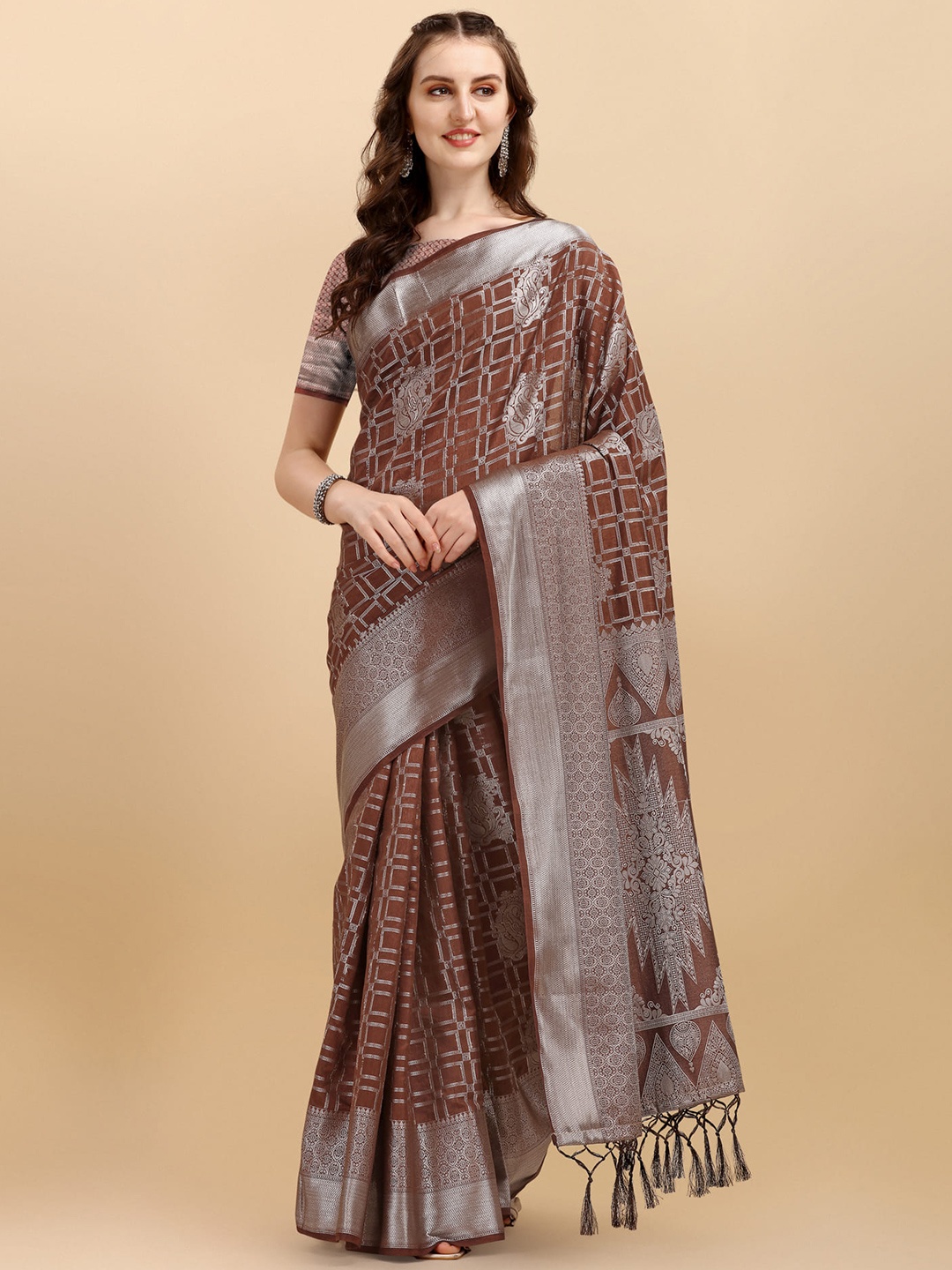 

ALAGINI Ethnic Motifs Woven Design Zari Banarasi Saree, Brown