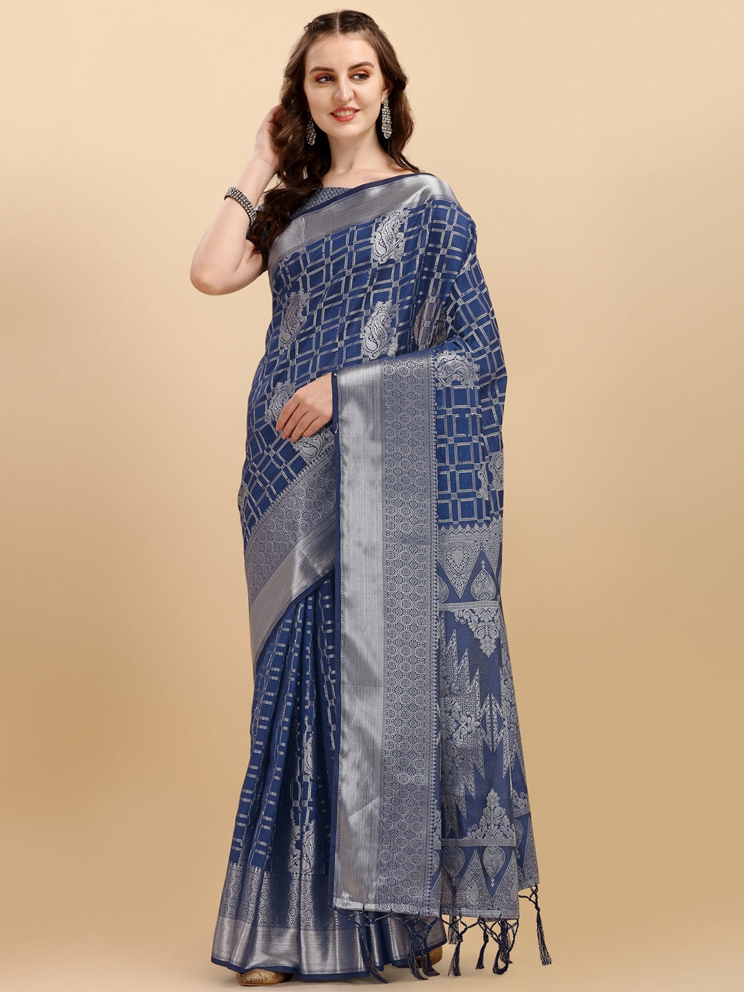 

ALAGINI Ethnic Motifs Woven Design Zari Banarasi Saree, Navy blue