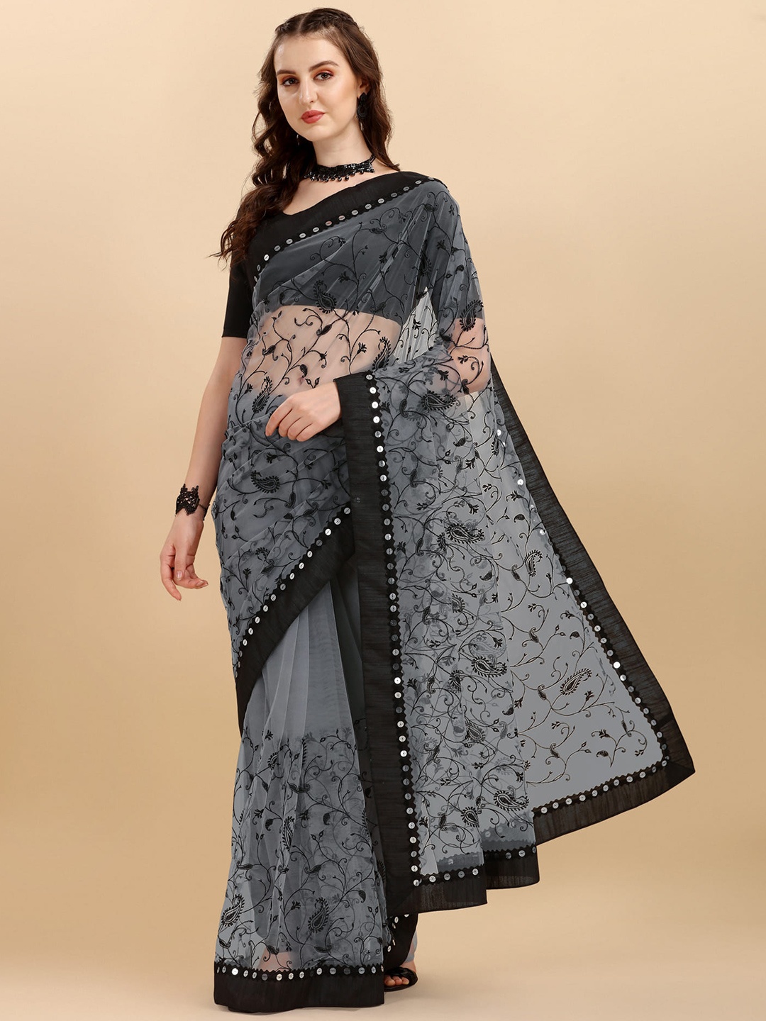 

ALAGINI Paisley Embroidered Sequinned Detailed Net Saree, Grey