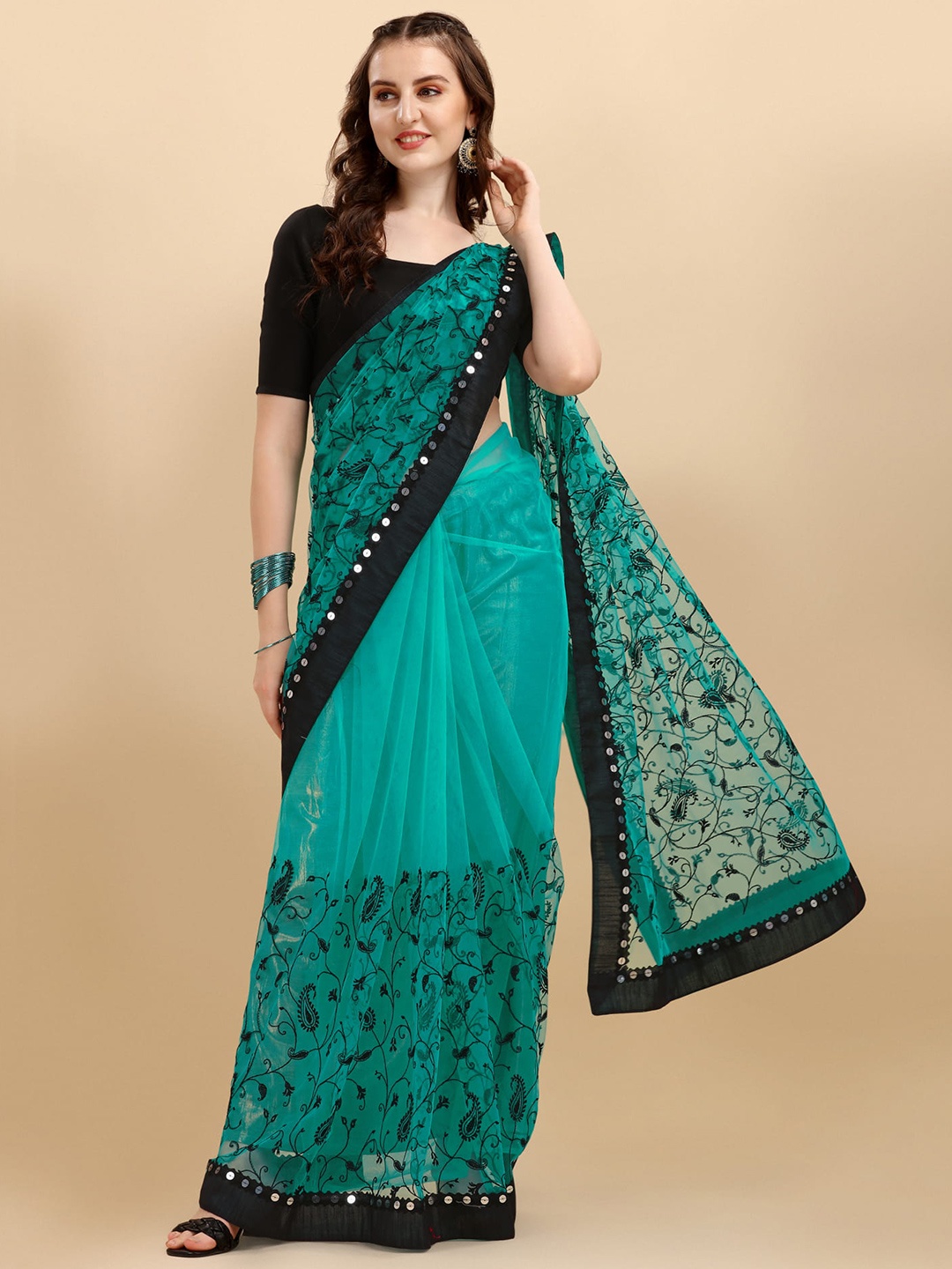 

ALAGINI Paisley Embroidered Sequinned Detailed Net Saree, Turquoise blue