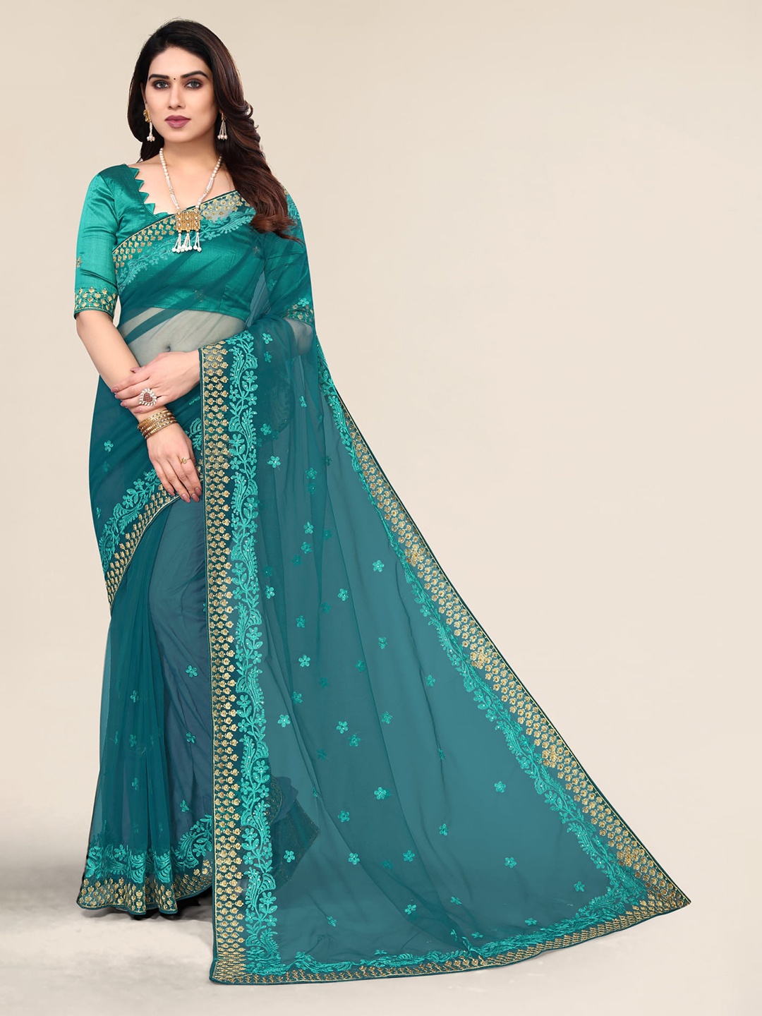 

ALAGINI Floral Embroidered Net Saree, Turquoise blue
