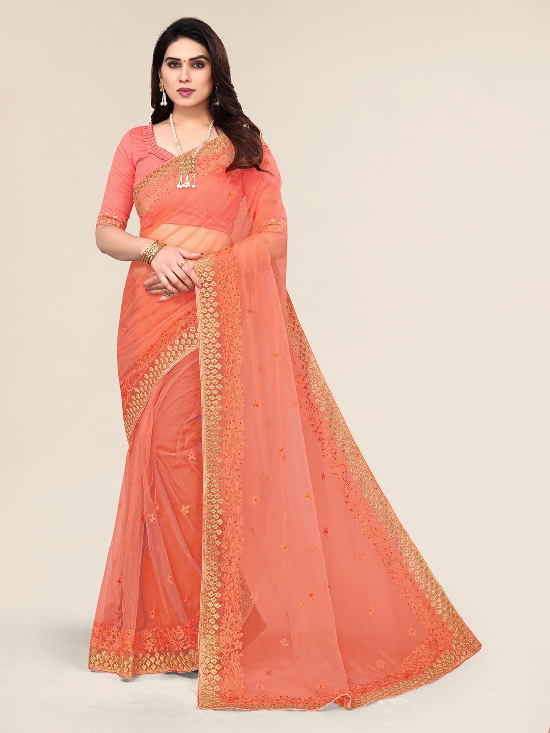 

ALAGINI Floral Embroidered Beads and Stones Net Saree, Orange