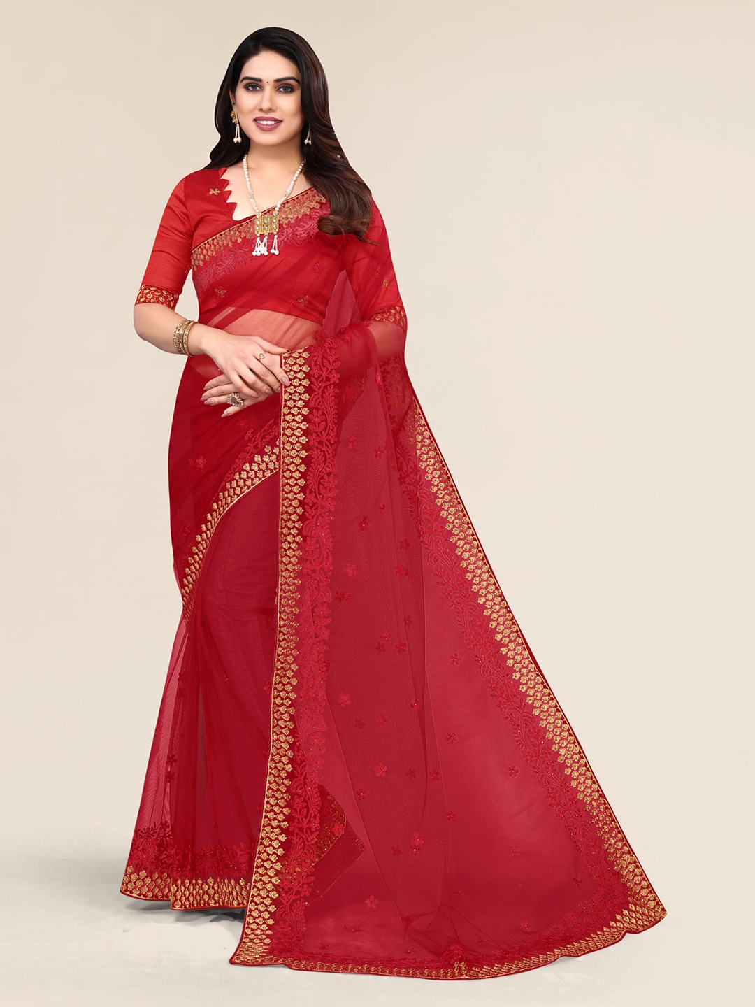 

ALAGINI Floral Embroidered Net Saree, Red