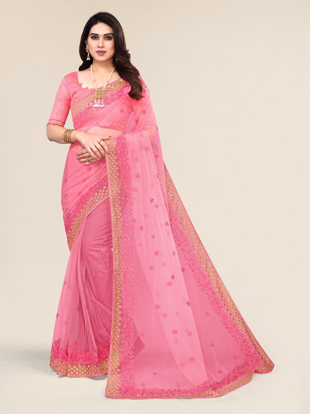 

ALAGINI Floral Embroidered Beads and Stones Net Saree, Pink