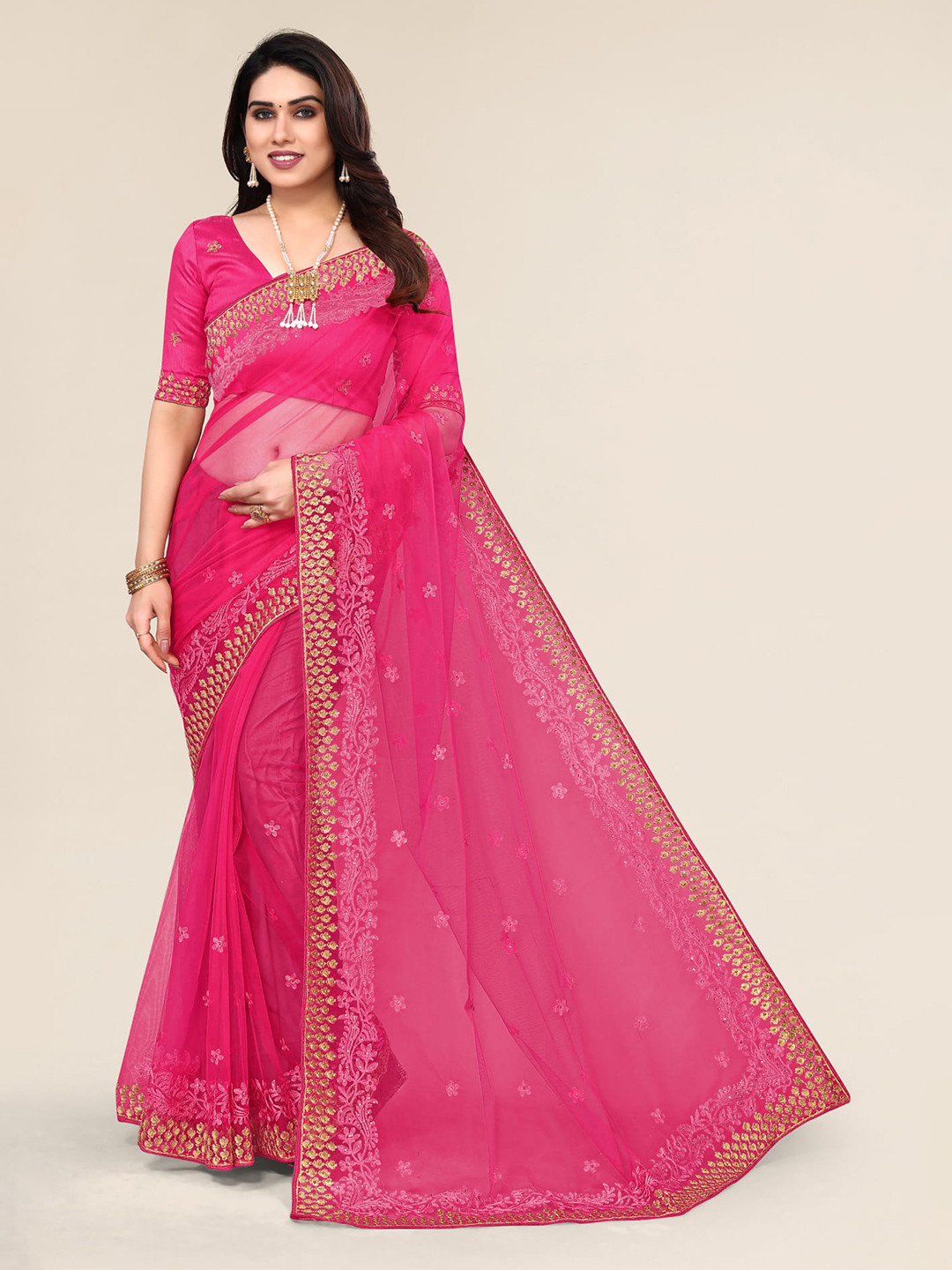 

ALAGINI Ethnic Motifs Embroidered Net Saree, Pink