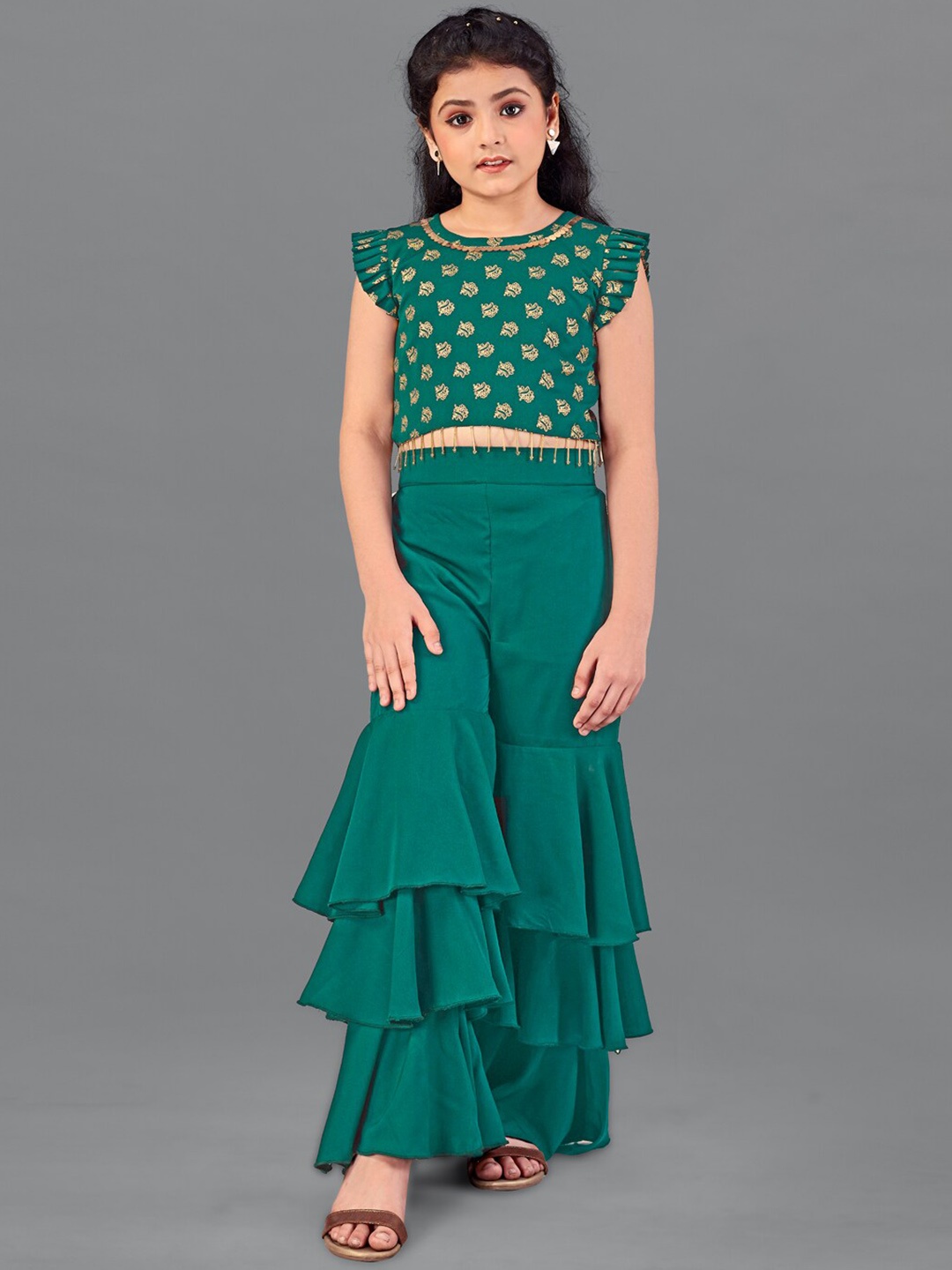 

FASHION DREAM Girls Printed Top with Palazzos, Green