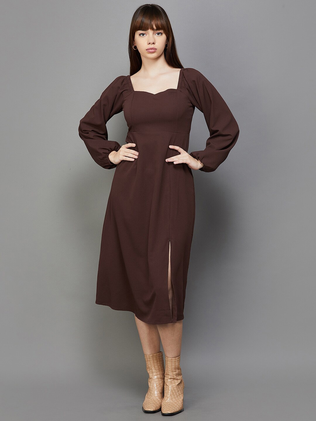 

Ginger by Lifestyle Sweetheart Neck Smocked A-Line Dress, Brown