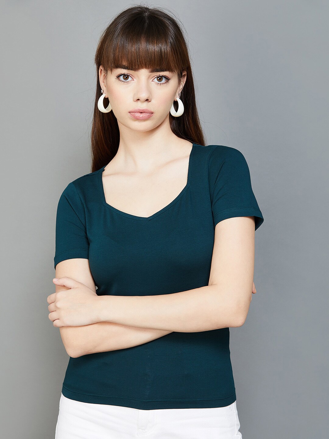 

Ginger by Lifestyle Sweetheart Neck Short Sleeves Cotton Top, Green