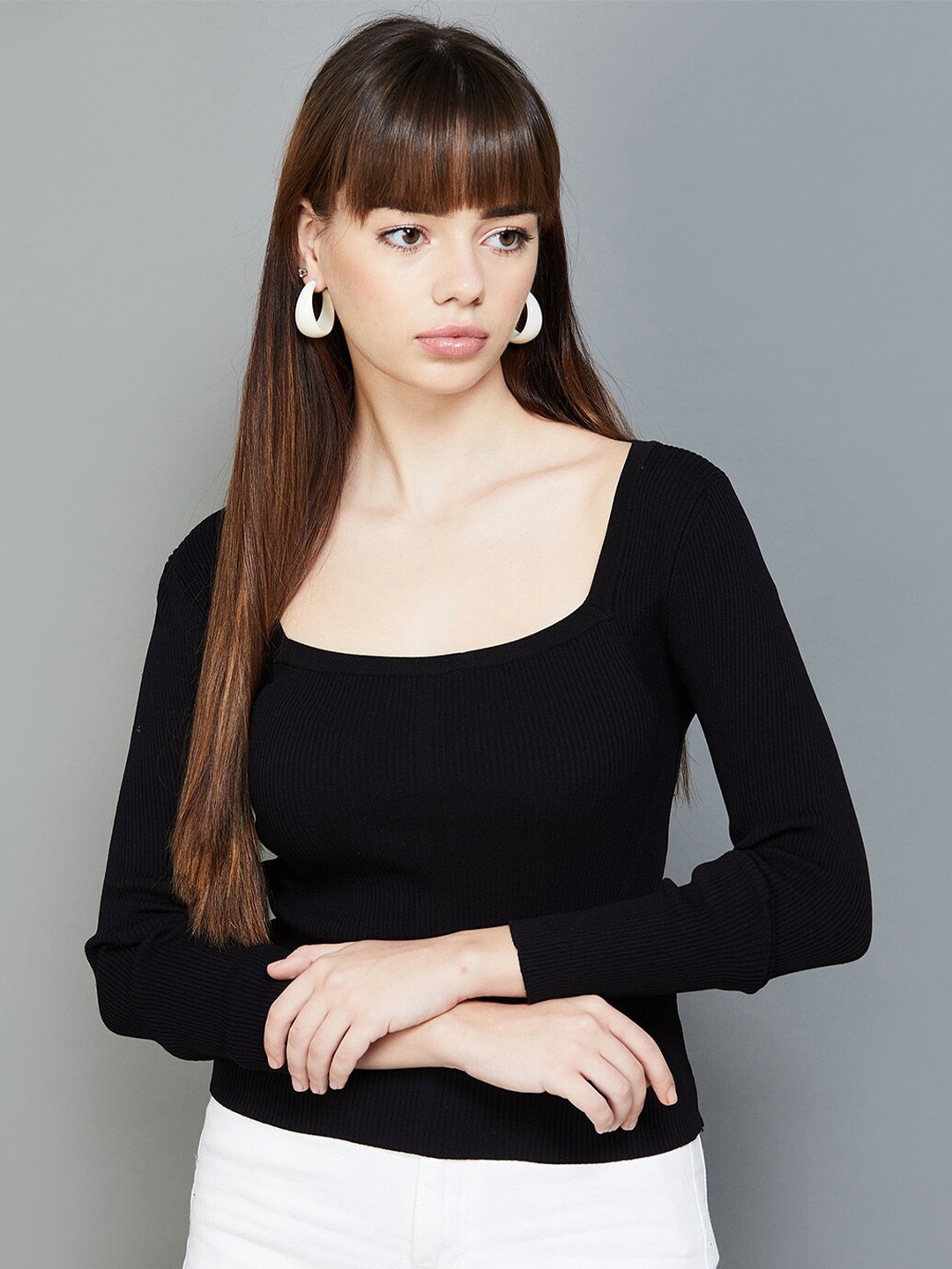

Ginger by Lifestyle Square Neck Long Sleeves Fitted Top, Black
