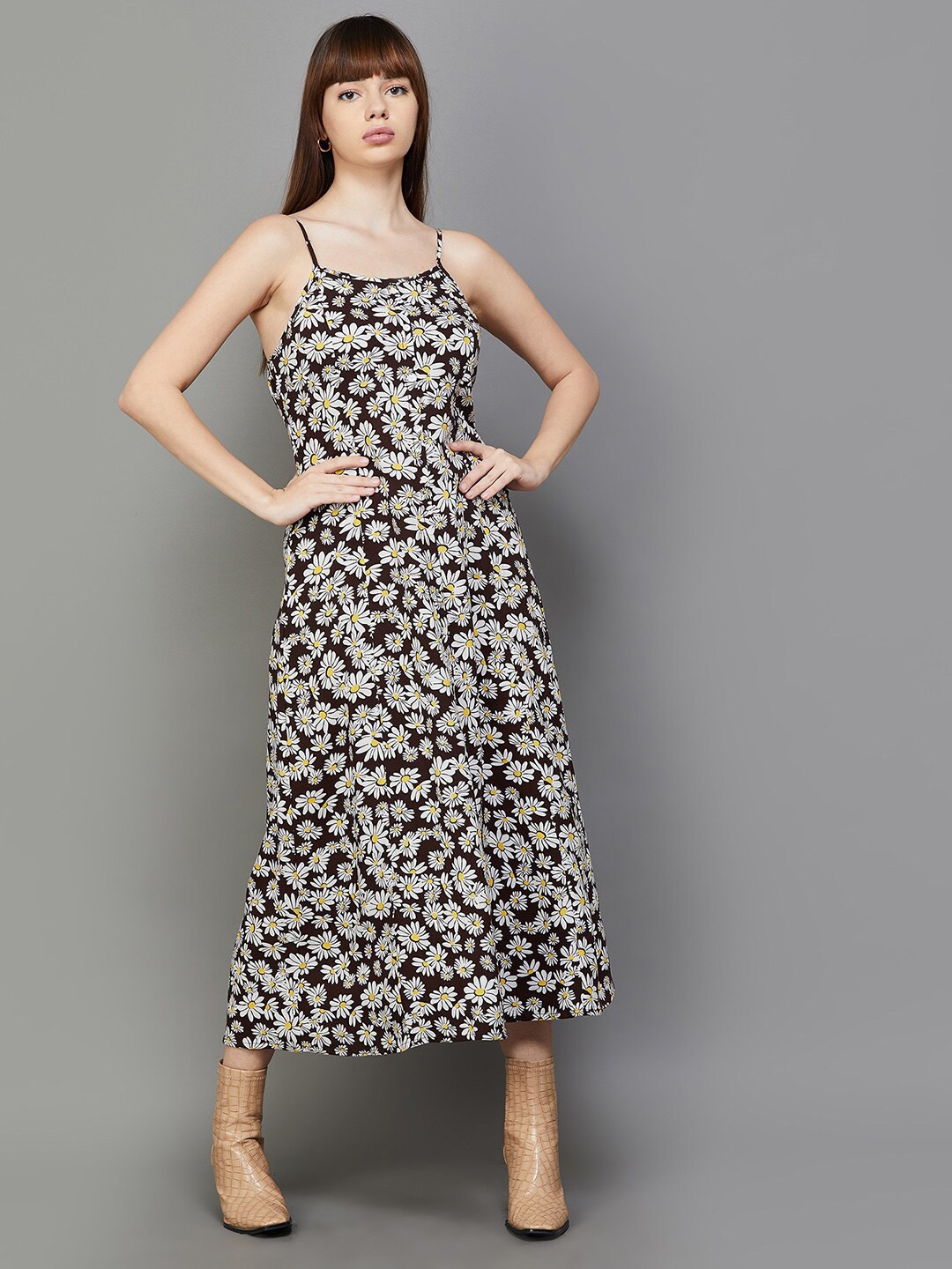 

Ginger by Lifestyle Floral Printed Shoulder Straps A-Line Midi Dress, Brown