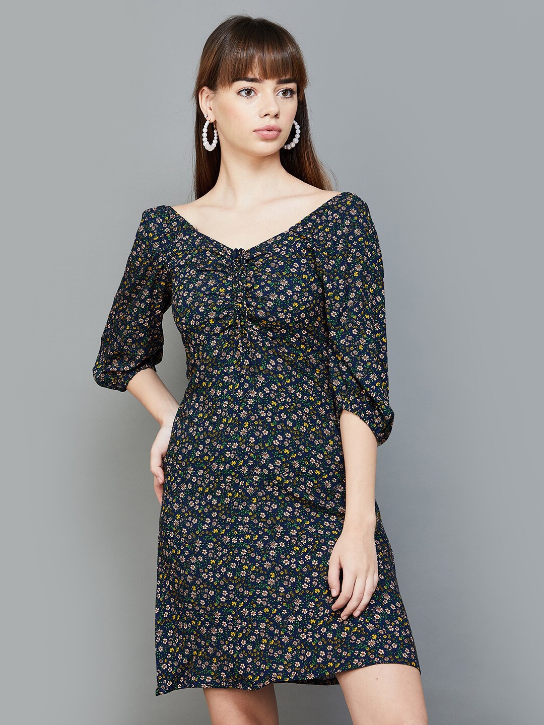 

Ginger by Lifestyle Floral Printed Puff Sleeve A-Line Dress, Blue