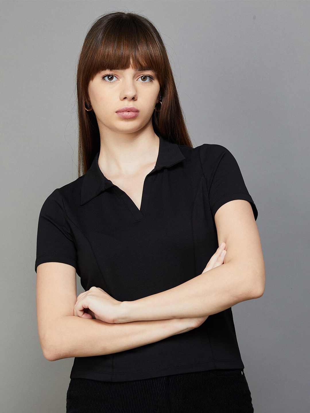 

Ginger by Lifestyle Shirt Collar Short Sleeves Cotton Shirt Style Top, Black