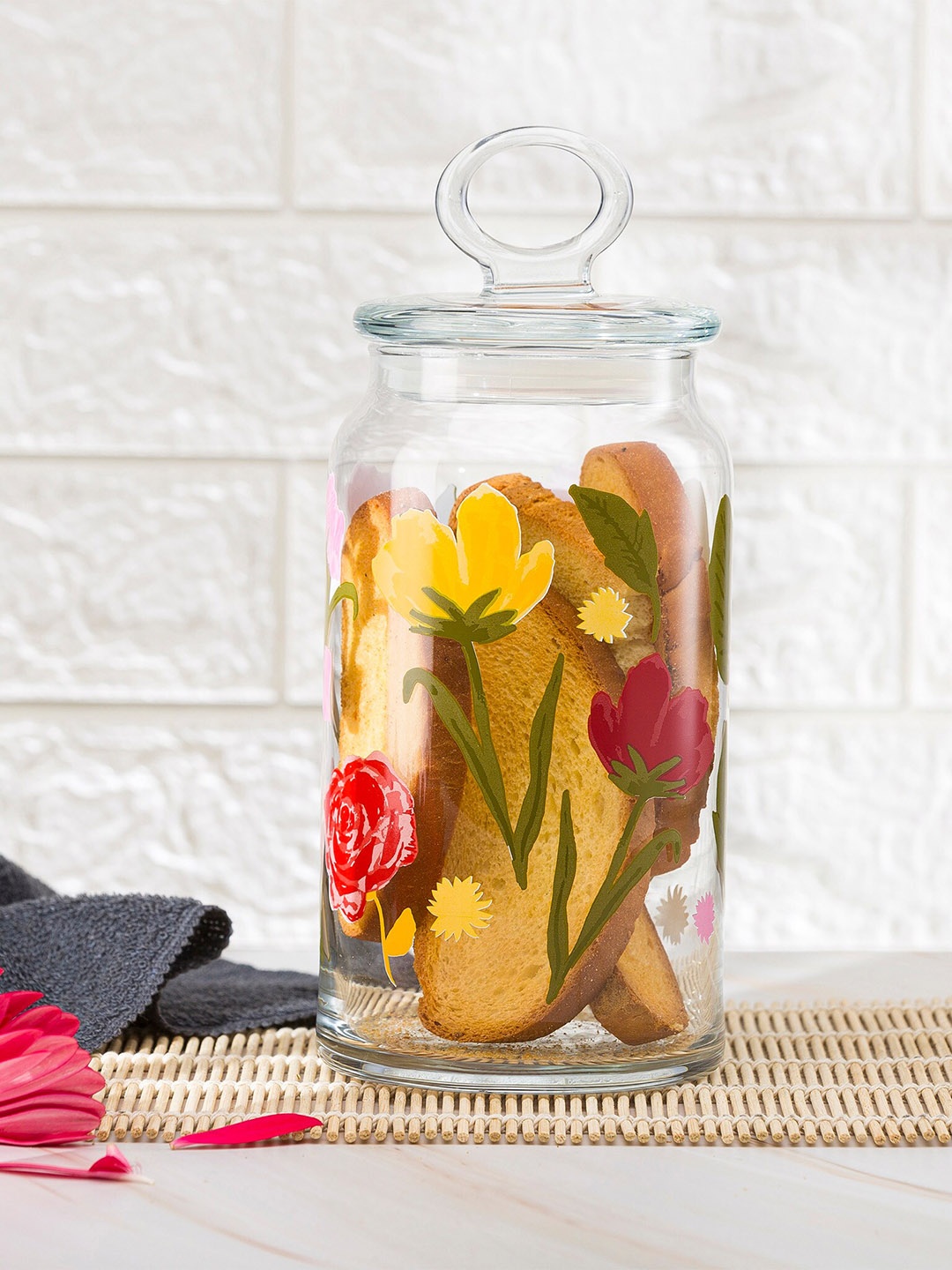 

Pasabahce Transparent Floral Printed Airtight Glass Jar Container 1130ml