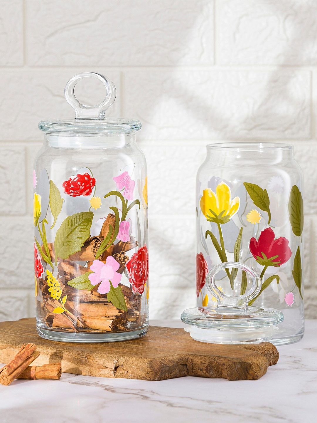 

Pasabahce Transparent 2 Pieces Floral Printed Airtight Glass Jar Containers 1130ml