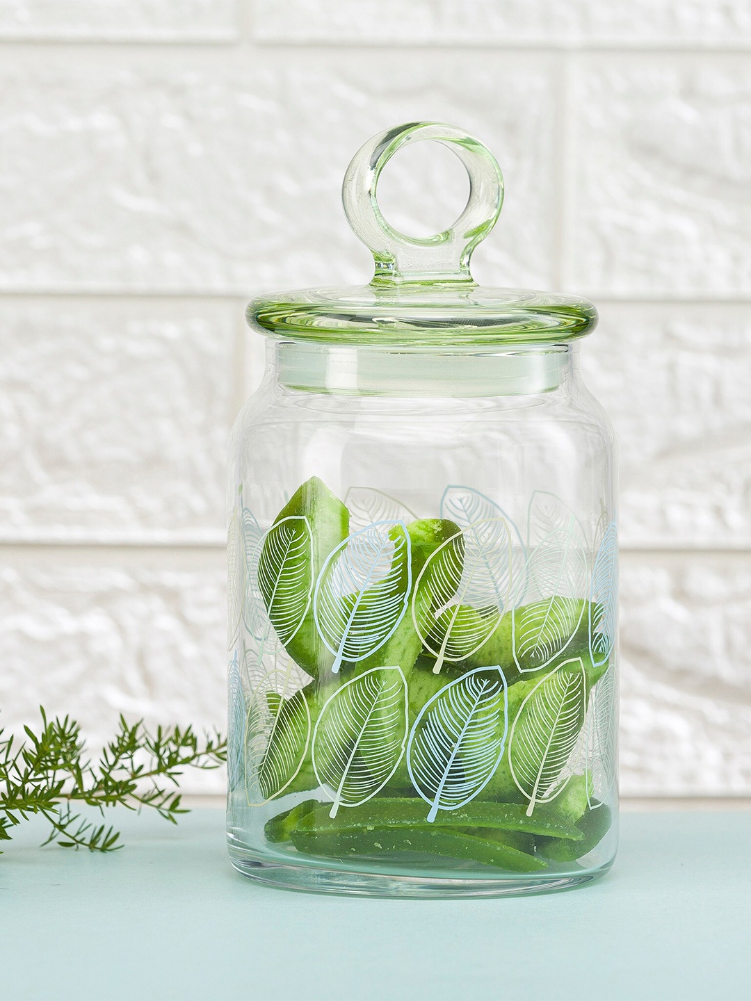 Pasabahce Transparent Leaves Printed Kitchen Storage Glass Jar 860 ml