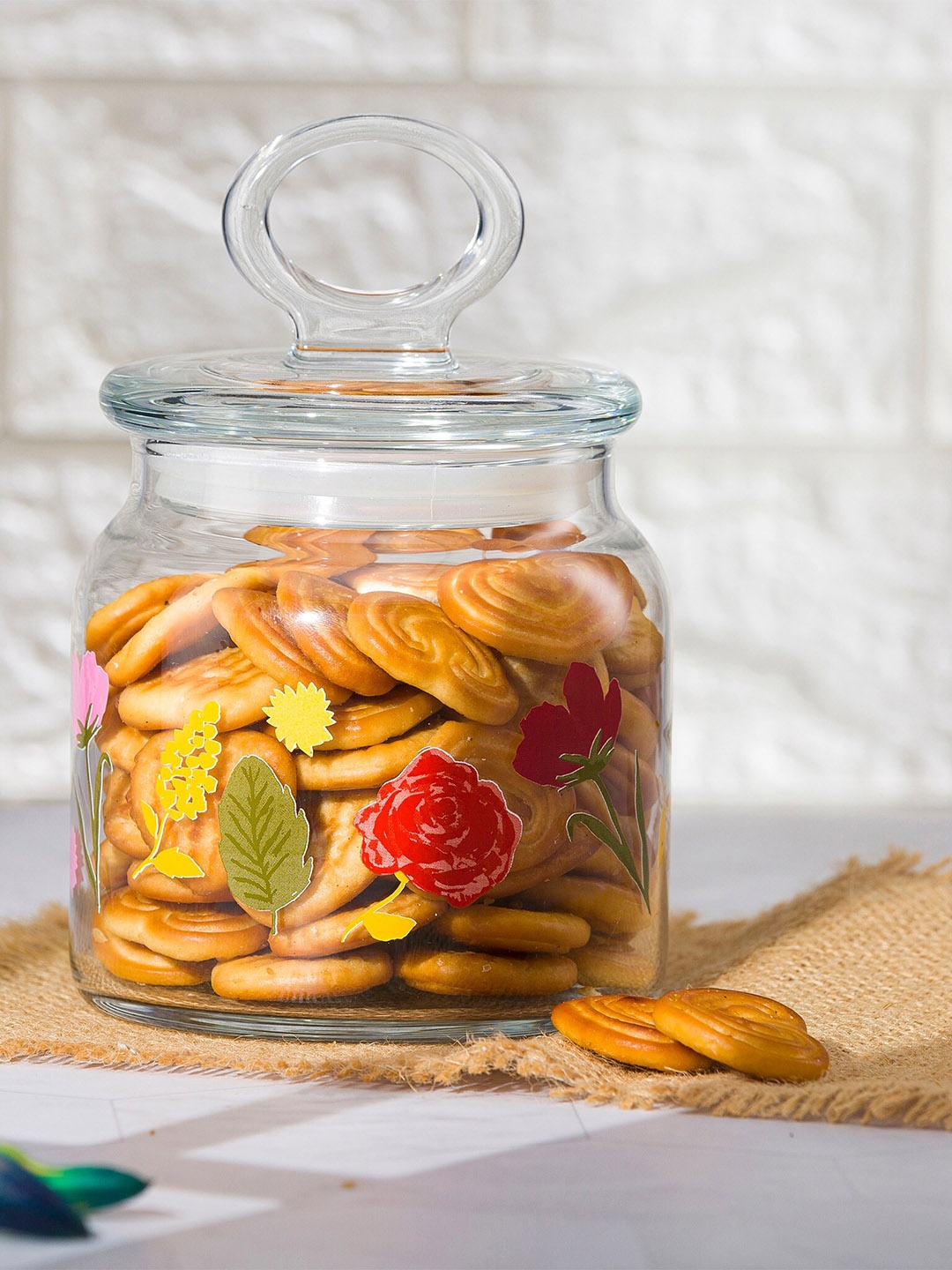 

Pasabahce Transparent Floral Printed Kitchen Storage Glass Jar - 575 ml