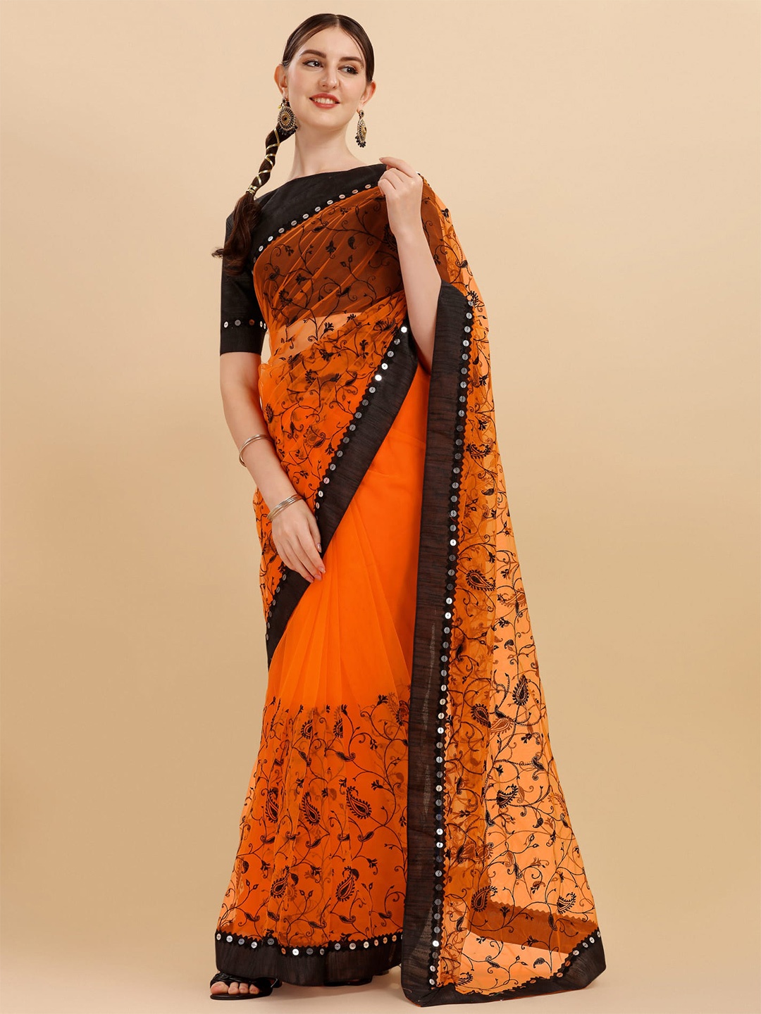 ALAGINI Paisley Embroidered Sequinned Net Chanderi Saree, Orange