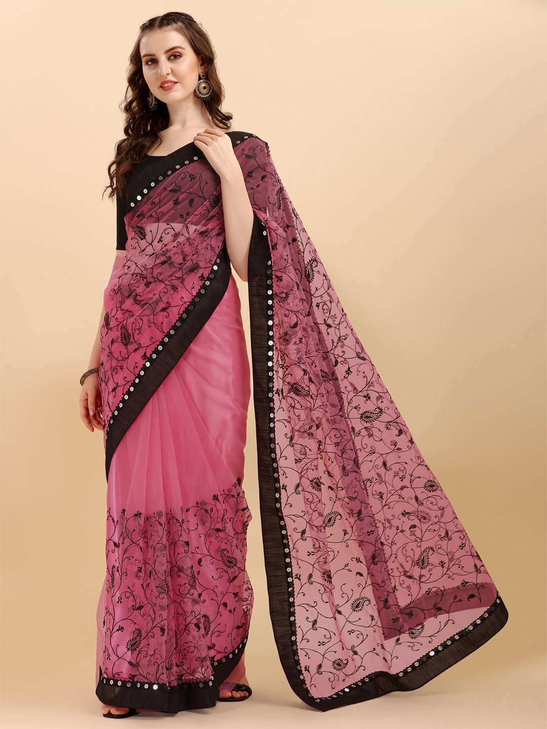 

ALAGINI Paisley Embroidered Sequinned Net Chanderi Saree, Pink
