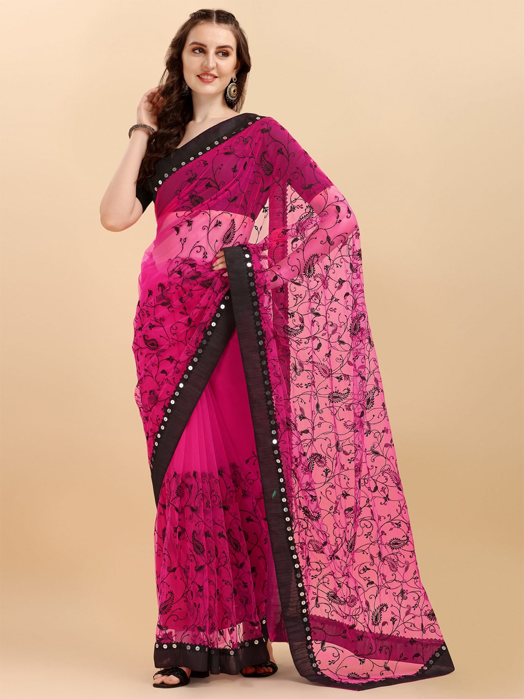 

ALAGINI Paisley Embroidered Sequinned Net Chanderi Saree, Pink